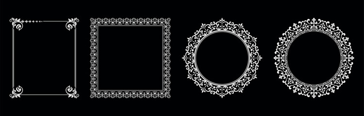 Set of decorative frames Elegant vector element for design in Eastern style, place for text. Floral black and white borders. Lace illustration for invitations and greeting cards.