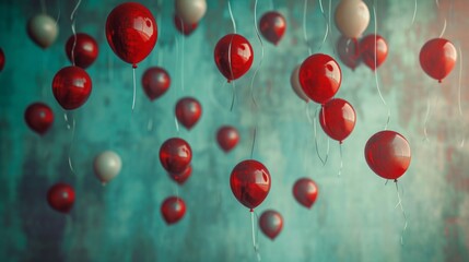 Floating balloons caricature-like illustrations, vintage aesthetics, and colors of light teal and dark red.