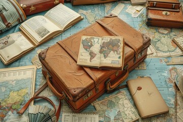 Travel with bags on table surrounded by maps