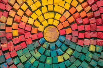 Many colored paint colored chalks are arranged in a circular pattern, bright color blocks, smilecore aesthetics, and colors of yellow and amber.