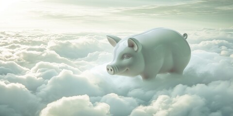 A piggy bank is presented on the clouds, ethereal sculptures, an angelic photograph, and a light white color.