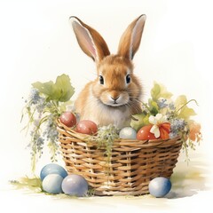 Bunny in basket. Easter basket clipart. Watercolor illustration. Generative AI. Detailed illustration.