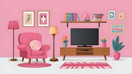 Pink living room furniture set isolated on white background. Vector cartoon illustration of armchair with fluffy puff and textile cushion, books on wooden shelf, tv set, lamp, flowerpots, floor mat.