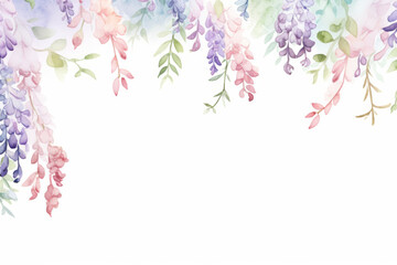 Header of hanging wisteria clusters for a spring wedding card, romantic watercolor cartoon