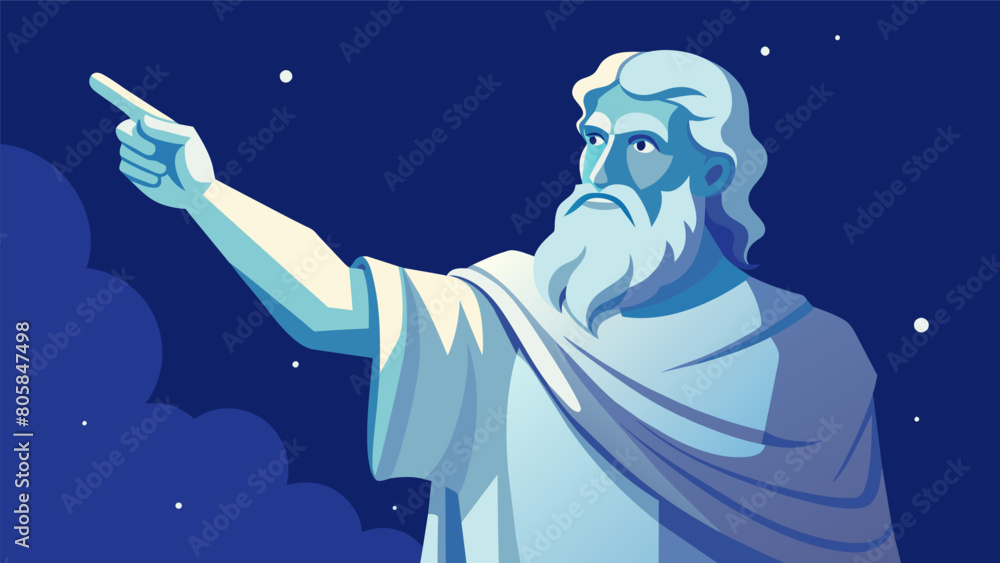 Poster an elegant stone sculpture of a philosopher with a wise expression and a hand pointing towards the h