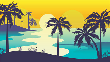 beautiful seascape sunset view with hills and palm tree vector
