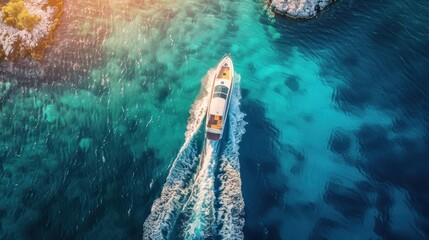 Aerial top view of a white cruise ship on a summer day The motorboat makes eight turns in the sea,...