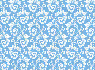 Floral pattern. Vintage wallpaper in the Baroque style. Seamless vector background. White and blue ornament for fabric, wallpaper, packaging. Ornate Damask flower ornament