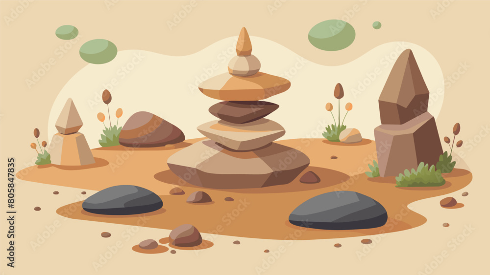 Poster a rock garden with stones of varying shapes and sizes representing the idea of taking life as it com