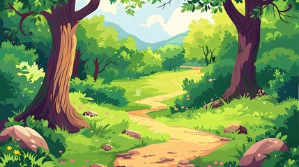 A serene cartoon path through a vibrant green forest