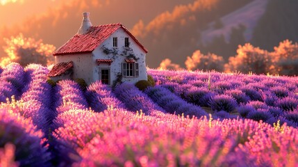 Small house in a lavender field, beautiful spring landscape, morning light enhancing the vibrant...