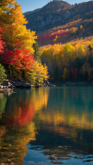 Colorful Retreat, Vibrant Autumn Foliage Surrounds a Tranquil Lake in a Picturesque Landscape.