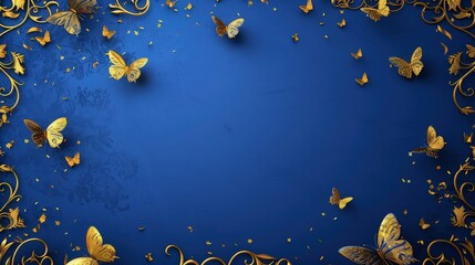 A regal royal blue background with golden flower and butterflies  border on it 