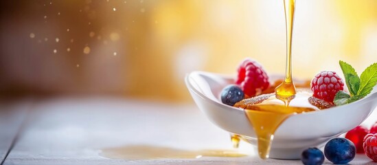 Streaming honey over crisp waffles adorned with fresh berries captured in a bright, golden glow