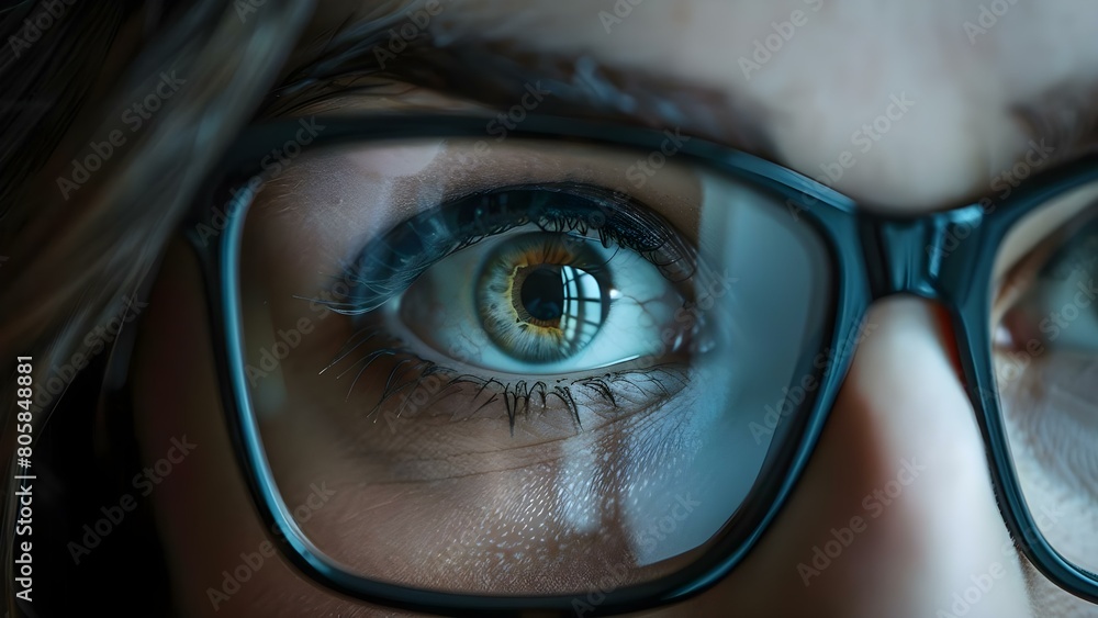 Poster cyber security concept: close-up of eyes with glasses reflecting computer monitor. concept cyber sec
