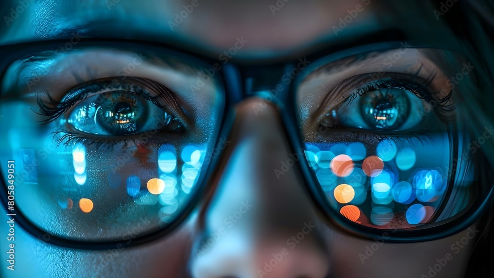 Poster enhanced cyber security concept: closeup of eyes with glasses reflecting computer monitor. concept c