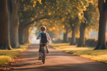 Fototapeta premium Child Riding Bicycle on Tree-Lined Path