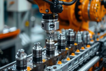 A detailed shot of a robotic arm assembling an engine block in an automated auto parts factory