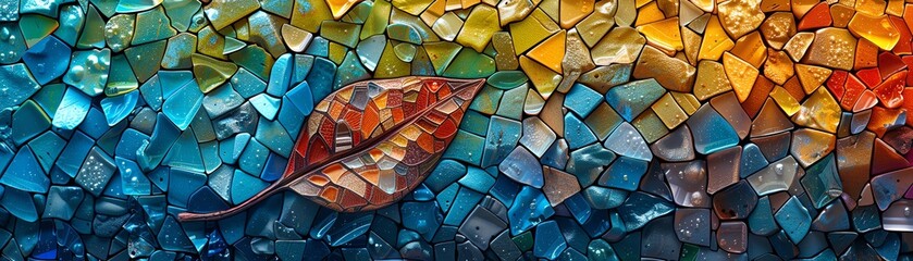 A digital art piece featuring a leaf composed of tiny recycled plastic pieces in a mosaic style