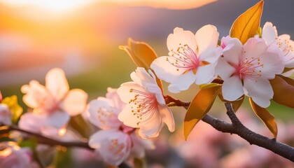 Blossoming cherry branch at sunset