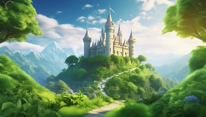 Enchanted fairytale castle in lush green landscape