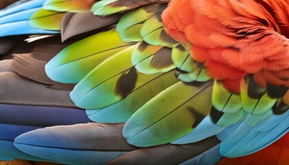 Close-up of vibrant, multi-colored parrot feathers showcasing natural texture