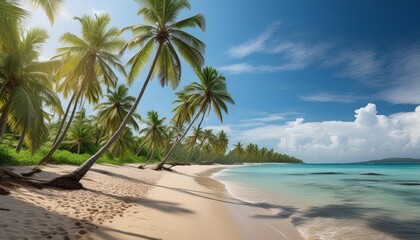 Tranquil and serene tropical beach paradise with palm trees. Sandy shore