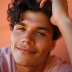 Obraz premium Young Man with Curly Hair Smiling Against Orange Background