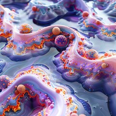 3d render of a colorful abstract landscape with a bumpy surface and a few spheres laying around