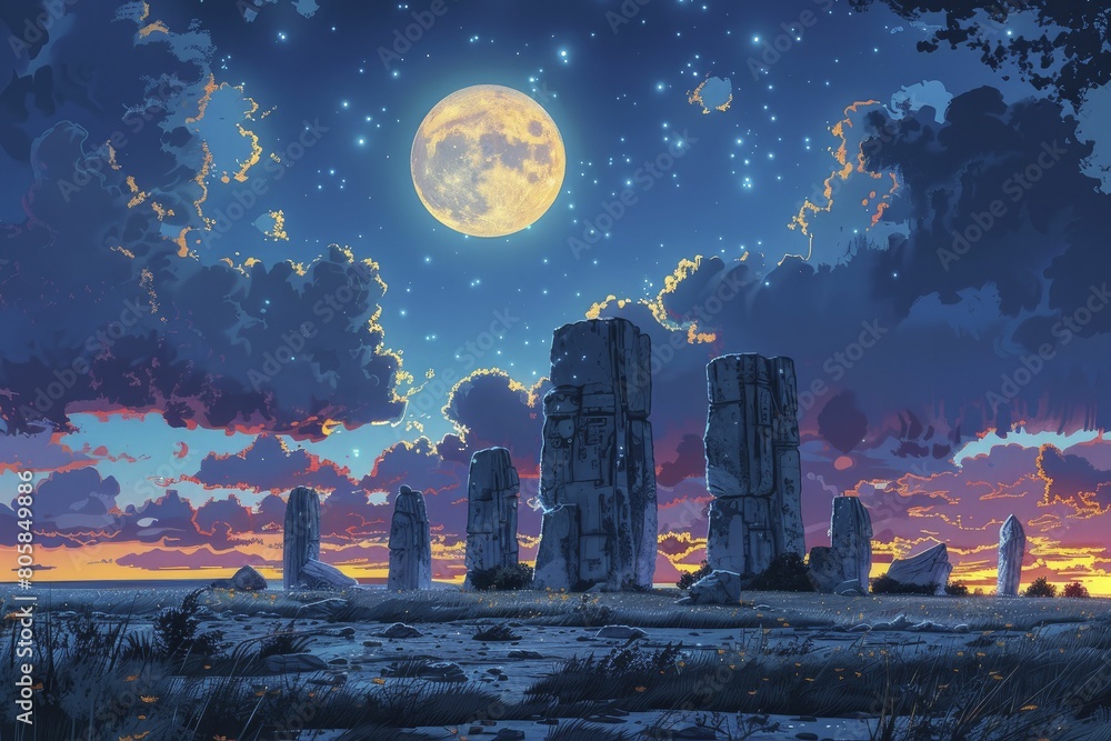 Wall mural A mystical stone circle illuminated by the Midsummer moon, ancient rites whispering.