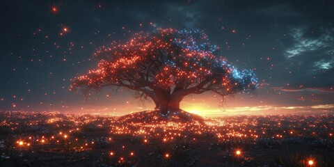 Obraz premium The ancient oak tree at dawn, adorned with red, white, and blue lights, joyously commemorates Juneteenth.