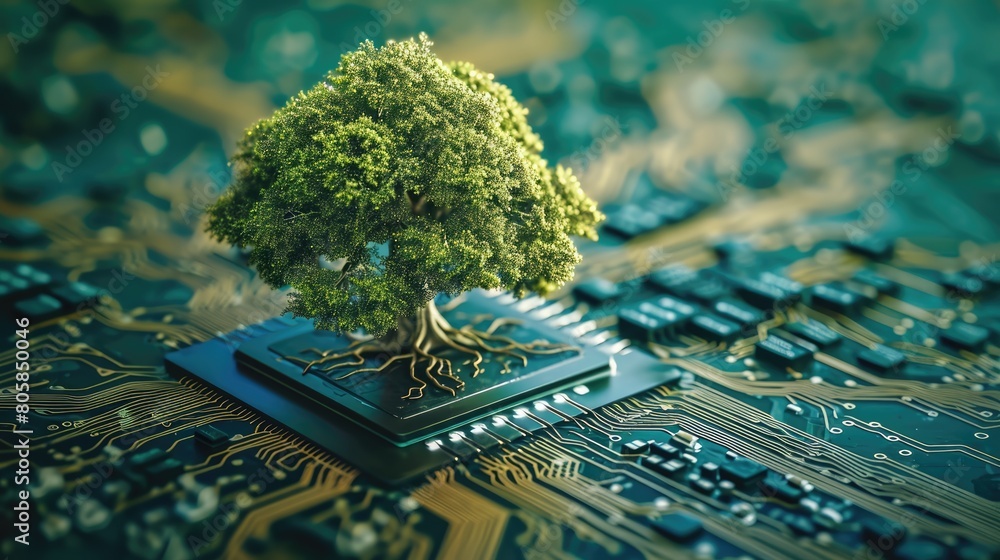 Poster the bottom angle view of the growing green tree on the cpu on the land of the greenish mainboard and