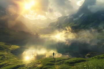 A serene landscape with the sun peeking through the clouds, reflecting in a calm lake surrounded by mountains