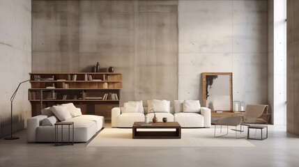 Loft interior design of modern living room, home. Studio apartment with white sofa against concrete wall.
