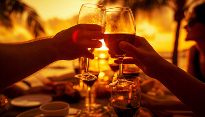 Young friends celebrating at dinner at sunset - Detail of hands while toasting with glasses of wine