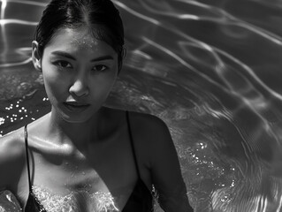 Model women in swimming pool and pose for photography