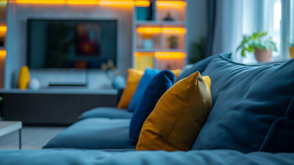 A close-up of a modern TV lounge, focusing on a plush blue sofa with vibrant throw pillows