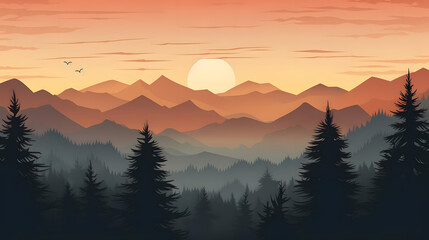 dawn's early glow in the pine woods, mountains silhouetted against rising sun