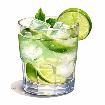 recommend clip art: Caipirinha. Caipirinha cocktail. Alcohol drink clipart. Watercolor illustration. Generative AI. Detailed illustration.