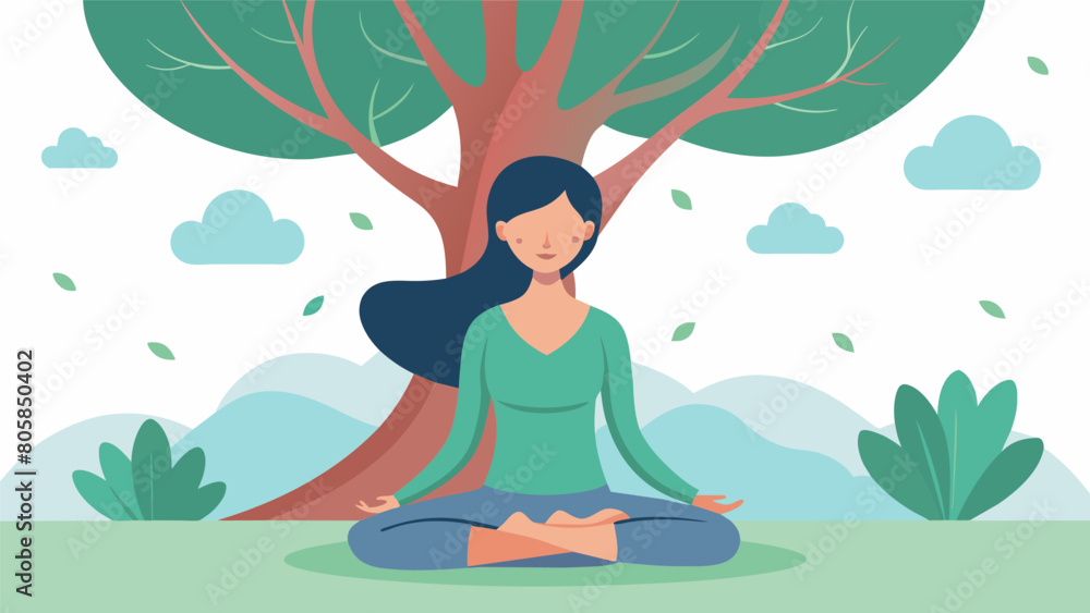 Poster a woman sitting at the base of a tree softly humming a mantra to herself as she practices mindfulnes