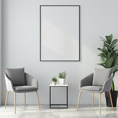 Frame mockup, comfortable chair and modern white wall room interior, 3d render