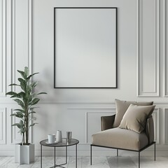 Frame mockup, comfortable chair and modern white wall room interior, 3d render