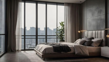 Contemporary Bedroom, Minimalist Interior Design Featuring a Window with Sleek Curtains.