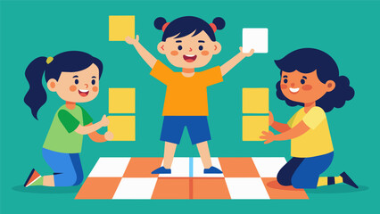 Siblings using teamwork and strategy to win a game of Fitness Bingo crossing off squares with different exercises as they complete them.. Vector illustration