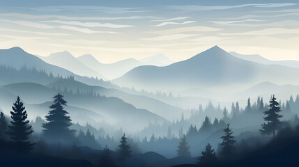 misty morning pine forest, sunlight peeks through fog, mountains in shadow