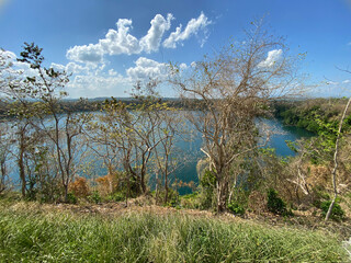 The view of a secluded lake below is obstructed by trees.