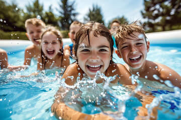 A group of happy kids splashing in the pool with joyful smiles and energetic expressions on a sunny day.