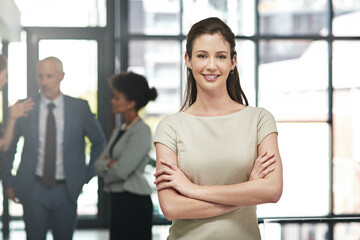 Corporate, office and portrait of woman with arms crossed for company, job and pride at law firm....