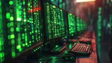 Desktop computers blinking with green text on black screens, tools of professionalism in the burgeoning age of technology.