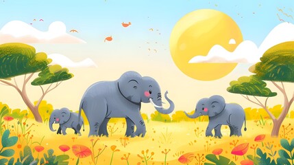 A serene walk of elephant family under a golden sunset